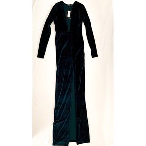 emerald green velvet plunge split leg maxi dress